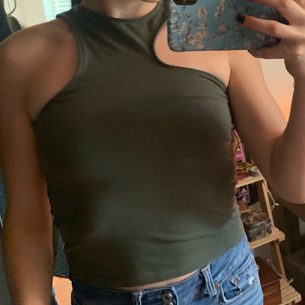 olive green, asymmetrical crop top